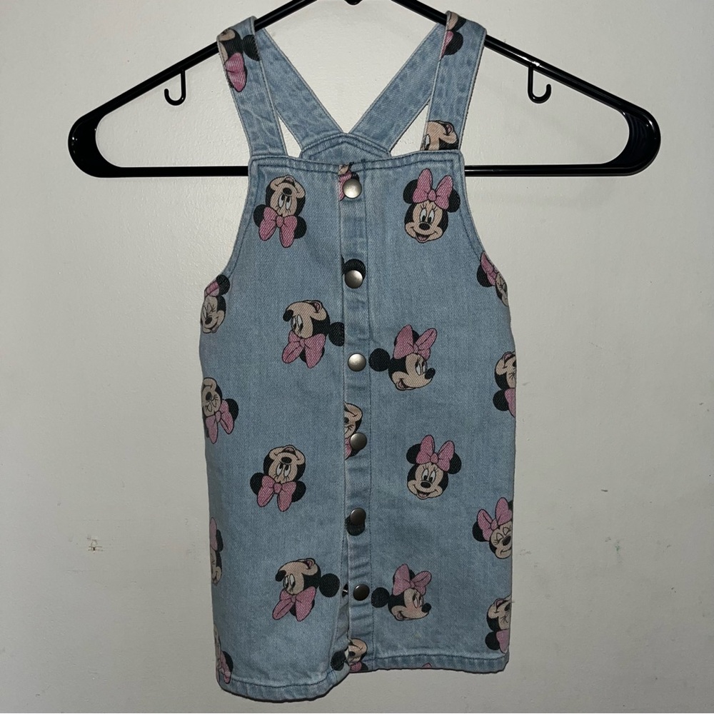 Disney Light Blue Denim Minnie Print Pinafore with Pink Bow Accents